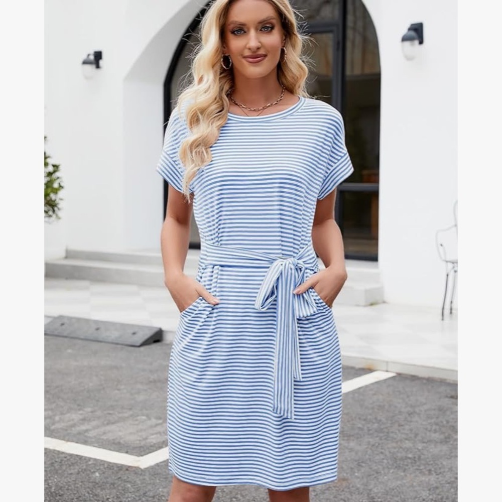 Striped Short Sleeve Dress with Belt & POCKETS!